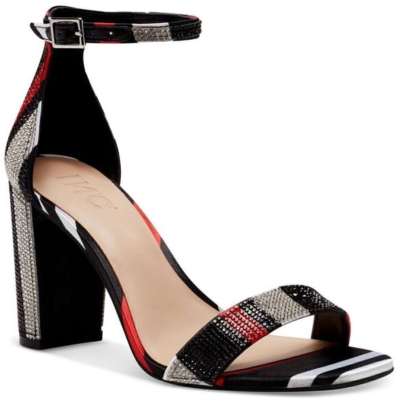 INC Women's Lexini Two-Piece Sandals Rhinestone Black/Red Stripe Bling - Picture 1 of 3